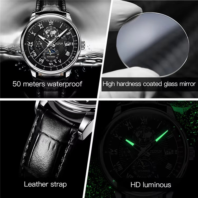 8909 Men's Leather Belt Mechanical Watch with Coated Glass and Original Movement - Factory Price