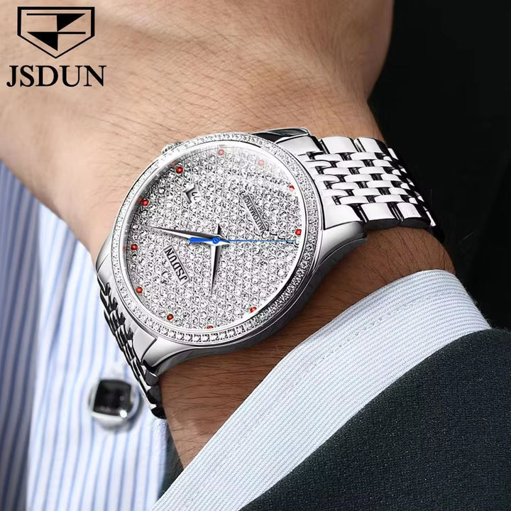 8815 Men Diamondh Automatic Mechanical Water Watch for Resistant Stainless Steel Band Fashion Business Date Hand Clock