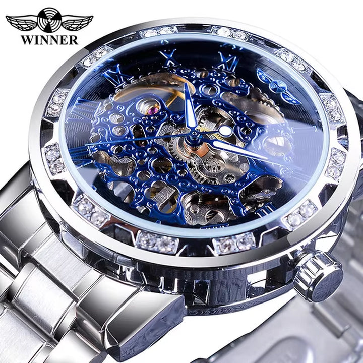 Winner Transparent Luxury Mechanical Skeleton Watch for Men with Diamond Accents and Royal Design