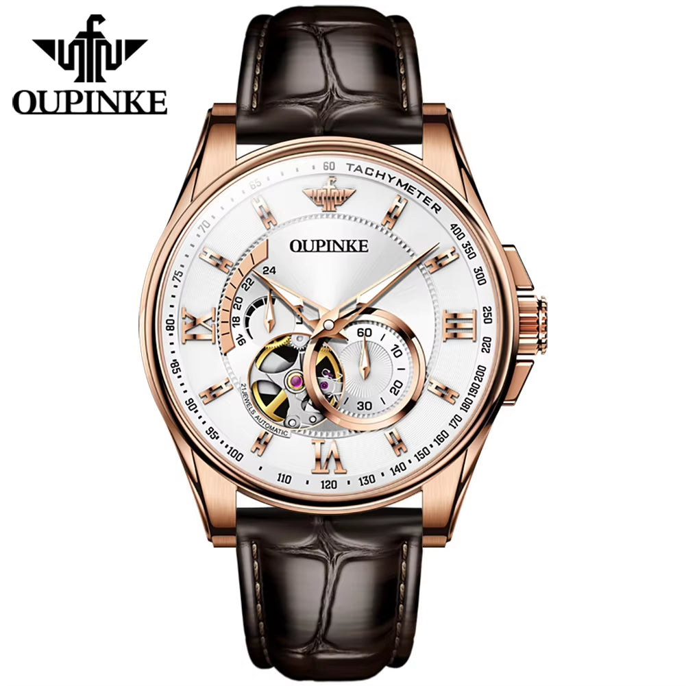 OUPINKE 3222 Premium Men's Luxury Sport Watch with Tourbillon Mechanical Movement and Rose Gold Finish on Leather Strap