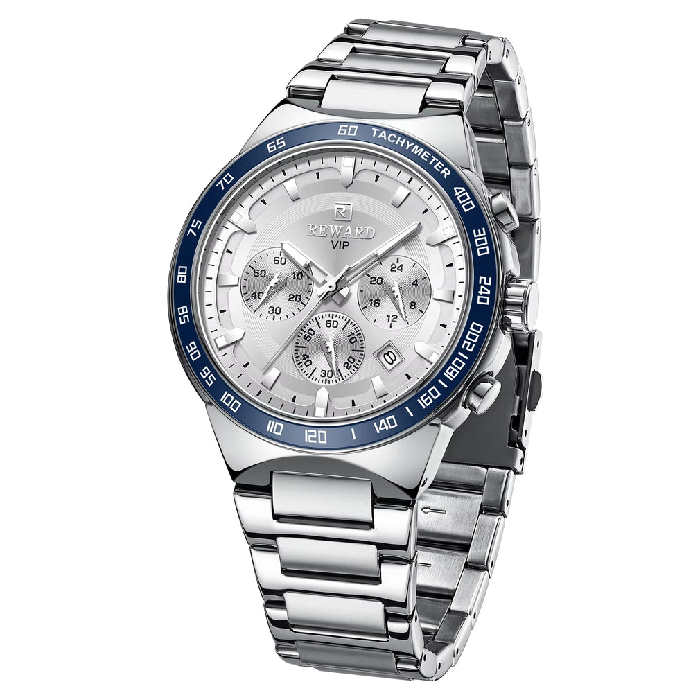 Luxury Men's Quartz Watch in Stainless Steel - Silver and Blue - OEM Design - 24-Hour Timepiece