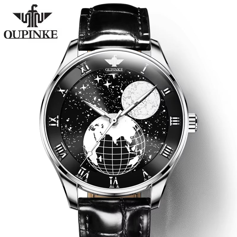 OUPINKE 3177 Popular Products Genuine Leather Watch Earth Universe Wristwatches Automatic Mechanical Watches for Men