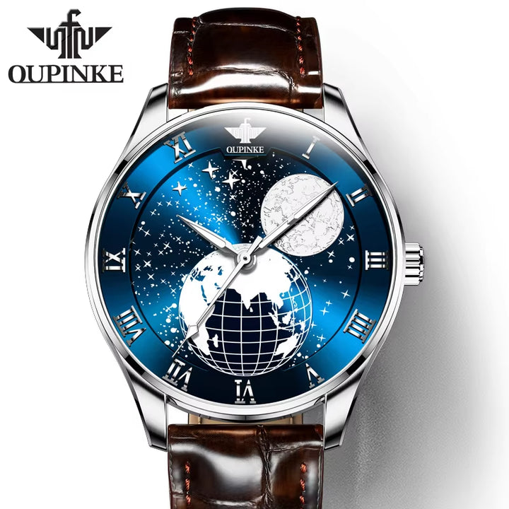 OUPINKE 3177 Popular Products Genuine Leather Watch Earth Universe Wristwatches Automatic Mechanical Watches for Men