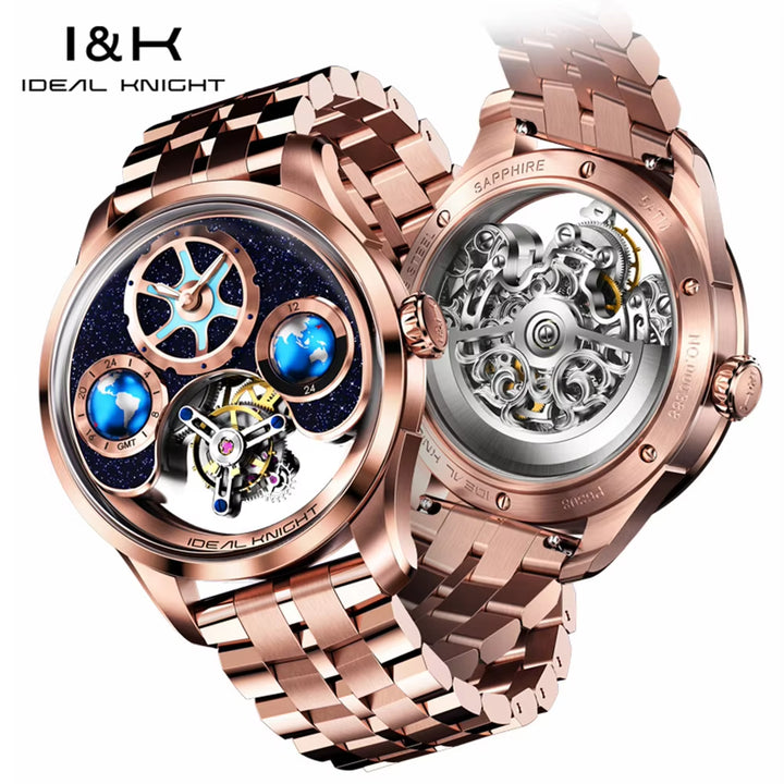 I&K 6808 High End New 316L Stainless Steel Watch GMT Tourbillon Automatic Movement Mechanical Watches for Men Blue Earth Series