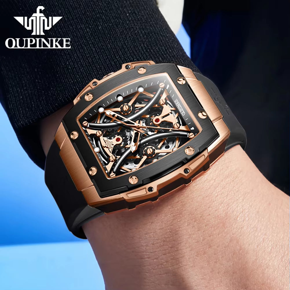 3215 Silicone Strap Gold Plated Luxury Men Skeleton Automatic Watch Mechanical Watch for Men