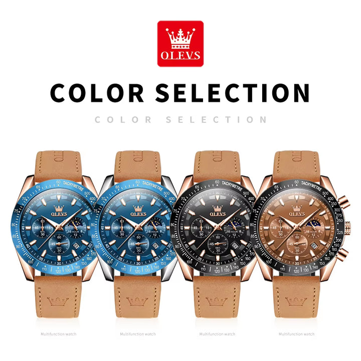 9957 Luxury Men's Multi-Function Quartz Watch with Premium Leather Strap