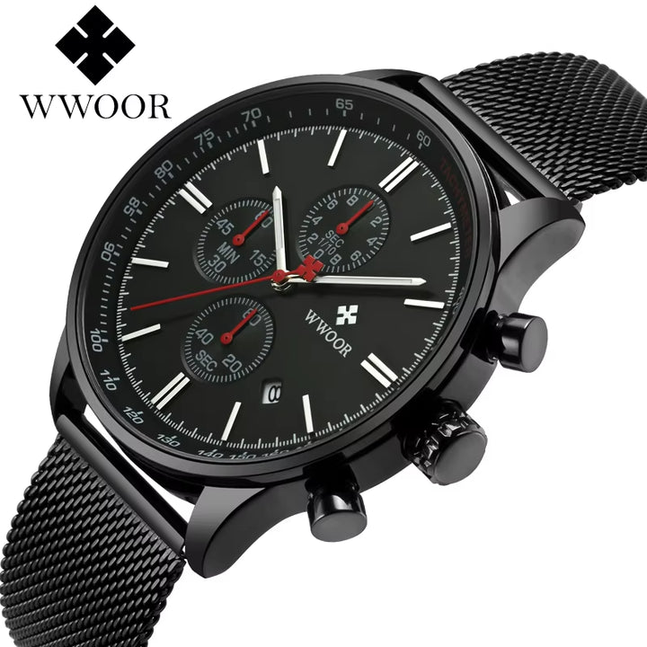 Men's Luxury Waterproof Chronograph Watch with Stainless Steel Mesh Band and Luminous Quartz Movement