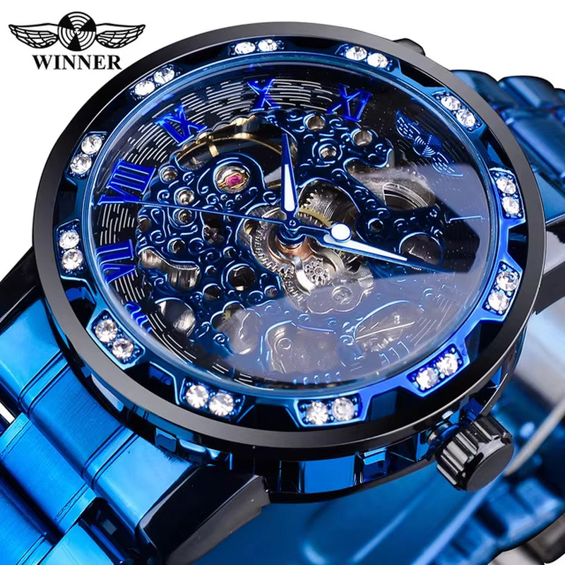 Winner Transparent Luxury Mechanical Skeleton Watch for Men with Diamond Accents and Royal Design