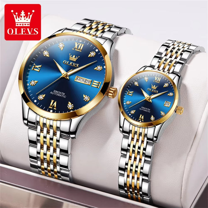 OLEVS 6673 White Lovers Automatic Watch Silver Stainless Steel Bracelet Luminous Calendar Mechanical Wristwatch Women