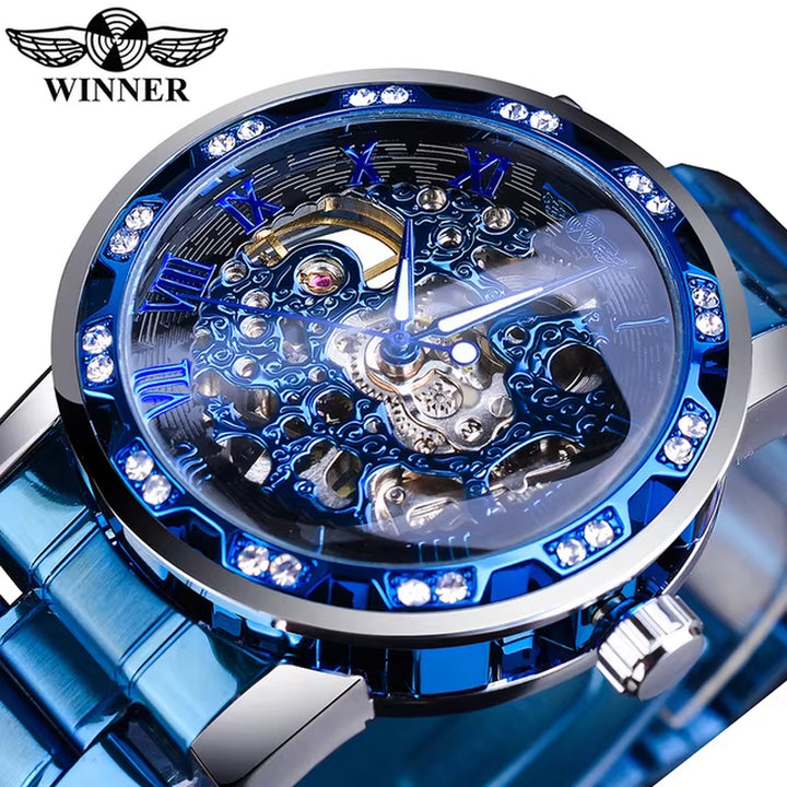 Winner Transparent Luxury Mechanical Skeleton Watch for Men with Diamond Accents and Royal Design