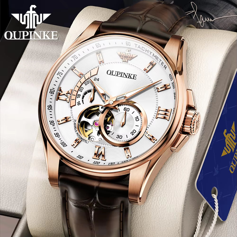 OUPINKE 3222 Premium Men's Luxury Sport Watch with Tourbillon Mechanical Movement and Rose Gold Finish on Leather Strap