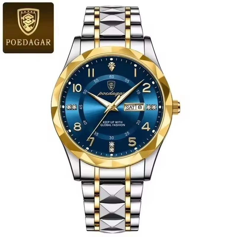 2024 POEDAGAR 858 Men's Waterproof Luminous Quartz Wristwatch with Date and Week Display - Sport Stainless Steel Design