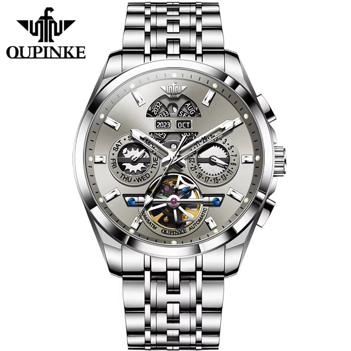 OUPINKE 3251 Custom OEM Logo Waterproof Tungsten Steel Classic Hollowed-Out Skeleton Automatic Mechanical Luxury Watch for Men