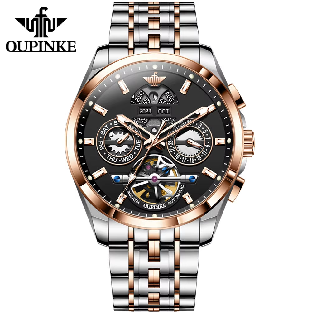 OUPINKE 3251 Custom OEM Logo Waterproof Tungsten Steel Classic Hollowed-Out Skeleton Automatic Mechanical Luxury Watch for Men