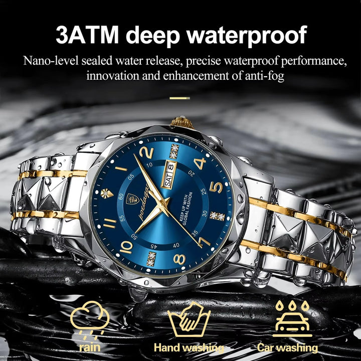 2024 POEDAGAR 858 Men's Waterproof Luminous Quartz Wristwatch with Date and Week Display - Sport Stainless Steel Design