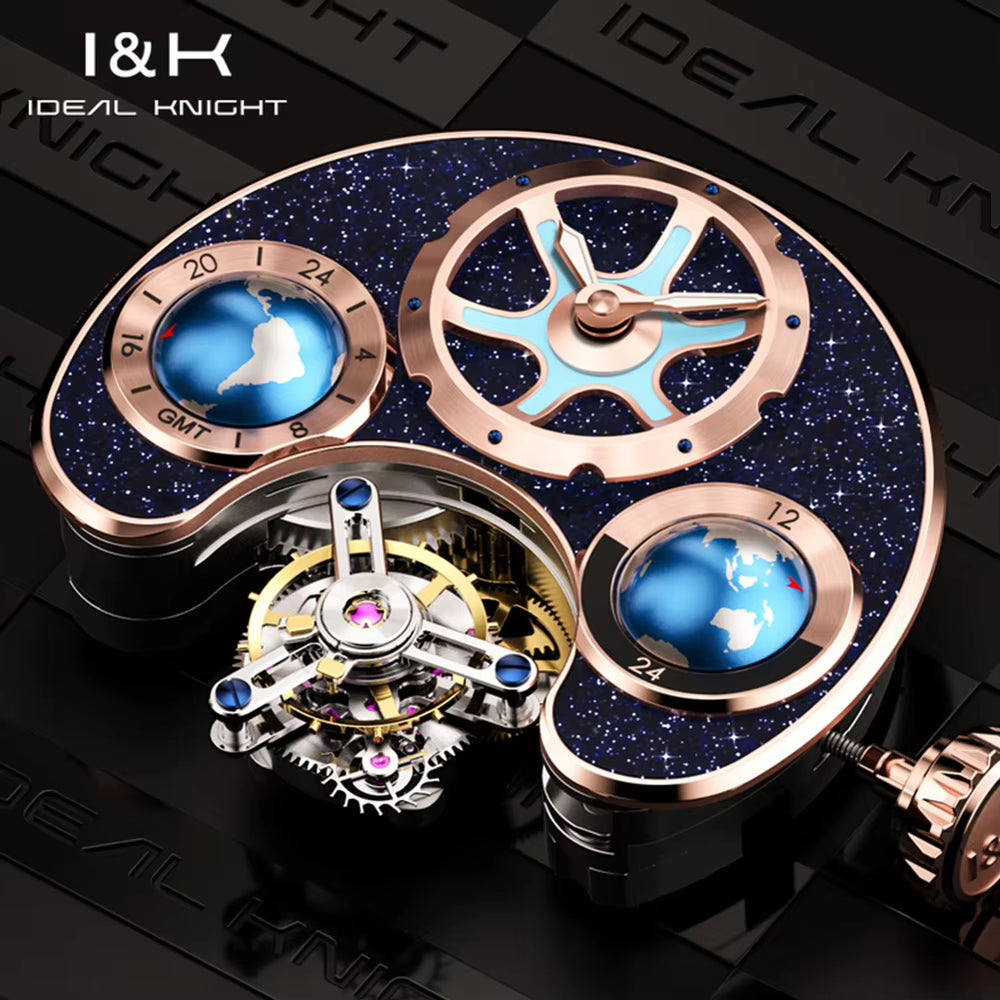 I&K 6808 High End New 316L Stainless Steel Watch GMT Tourbillon Automatic Movement Mechanical Watches for Men Blue Earth Series