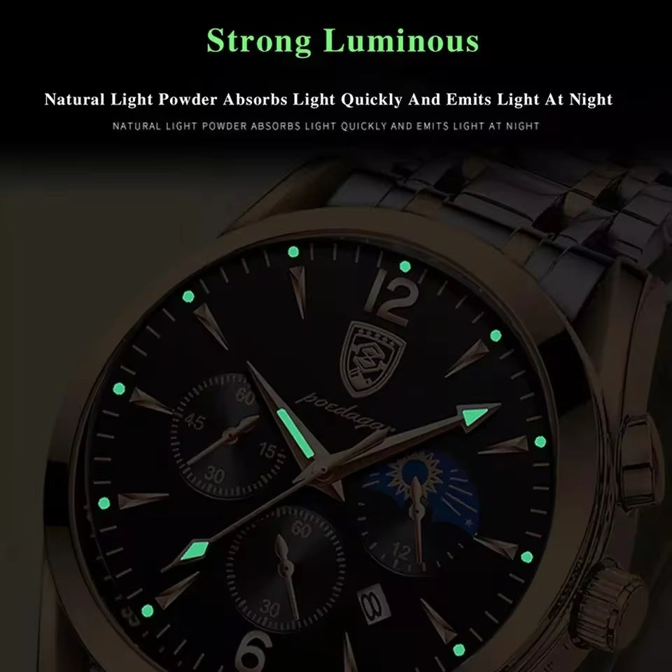 Luxury Men's Stainless Steel Quartz Watch with Date, Waterproof, and Luminous Features - Korean Fashion Design