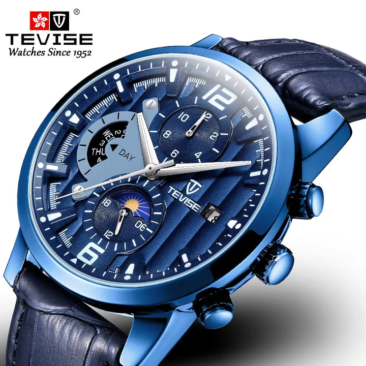 T850B Double Calendar Moon Phase Chronograph Multiple Time Zone Automatic Leather Watch for Men