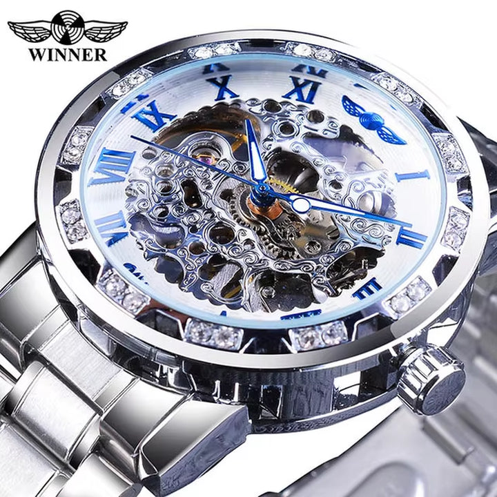 Winner Transparent Luxury Mechanical Skeleton Watch for Men with Diamond Accents and Royal Design