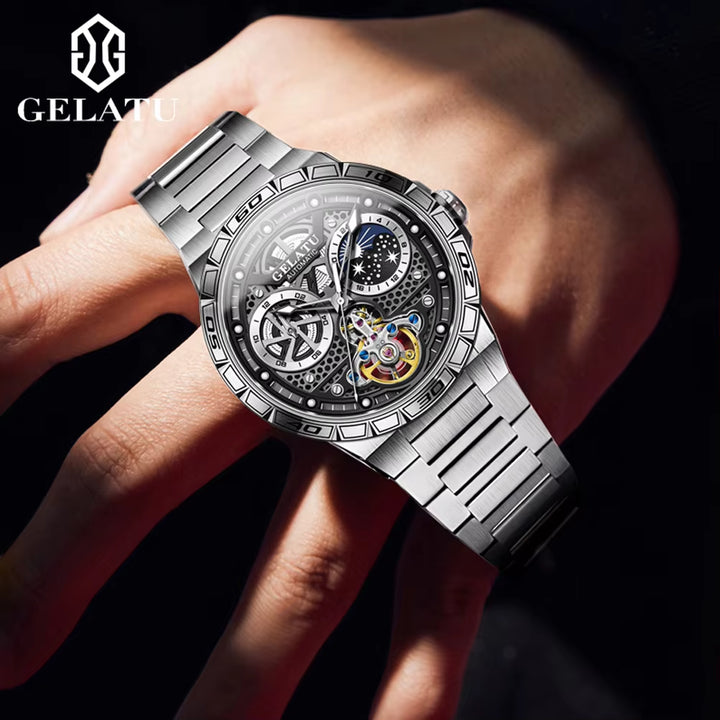 6020 Custom Logo Luxury Watch - Automatic Mechanical Timepiece with Hollow Design, Luminous Features, and Waterproof Capability for Men