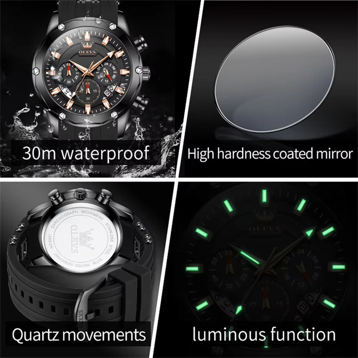 9991 Chronograph Quartz Watch for Men Fashion Casual Silicone Strap Auto Date Square Dial Sport Luminous Wristwatch