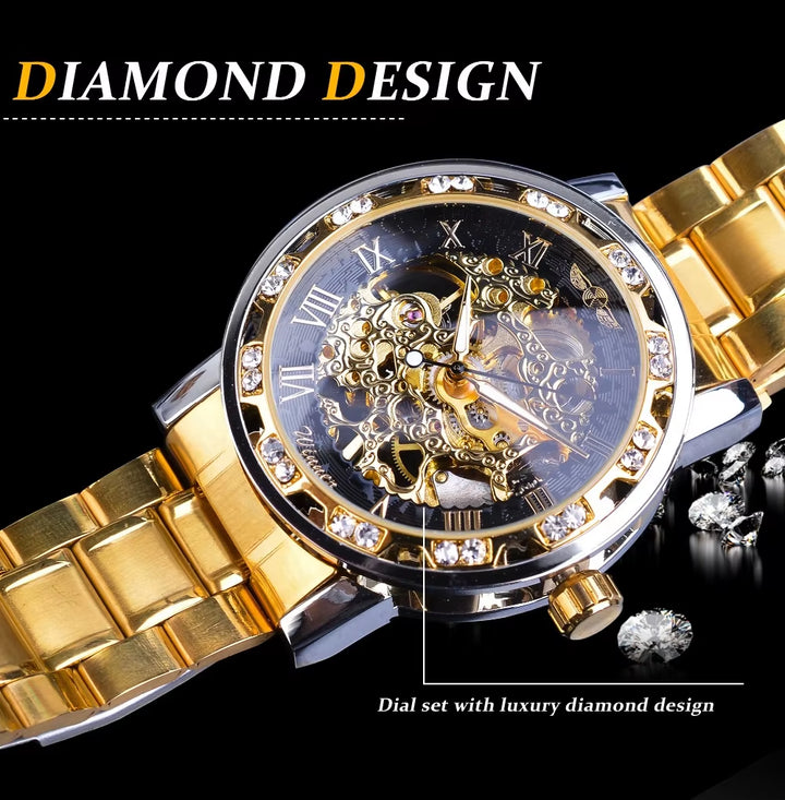 Winner Transparent Luxury Mechanical Skeleton Watch for Men with Diamond Accents and Royal Design