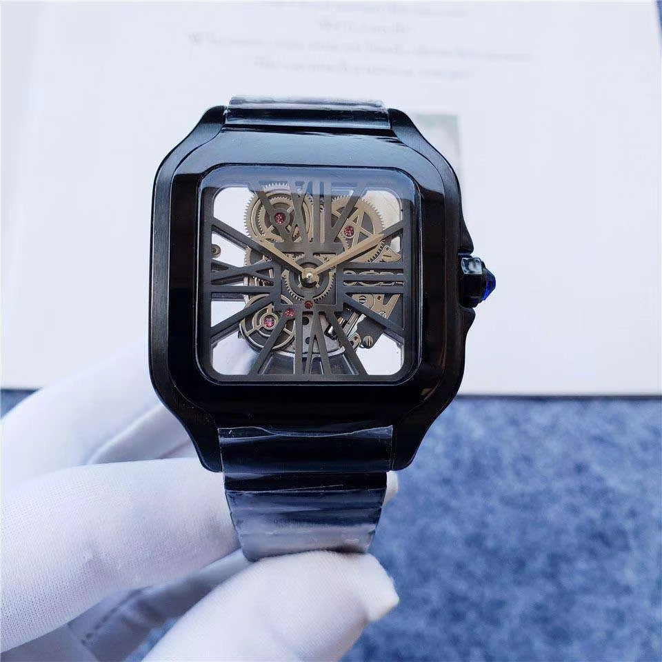 Luxury Men's Customized Skeleton Mechanical Wrist Watch - Solid Steel Square Design with Hollow Out Movement