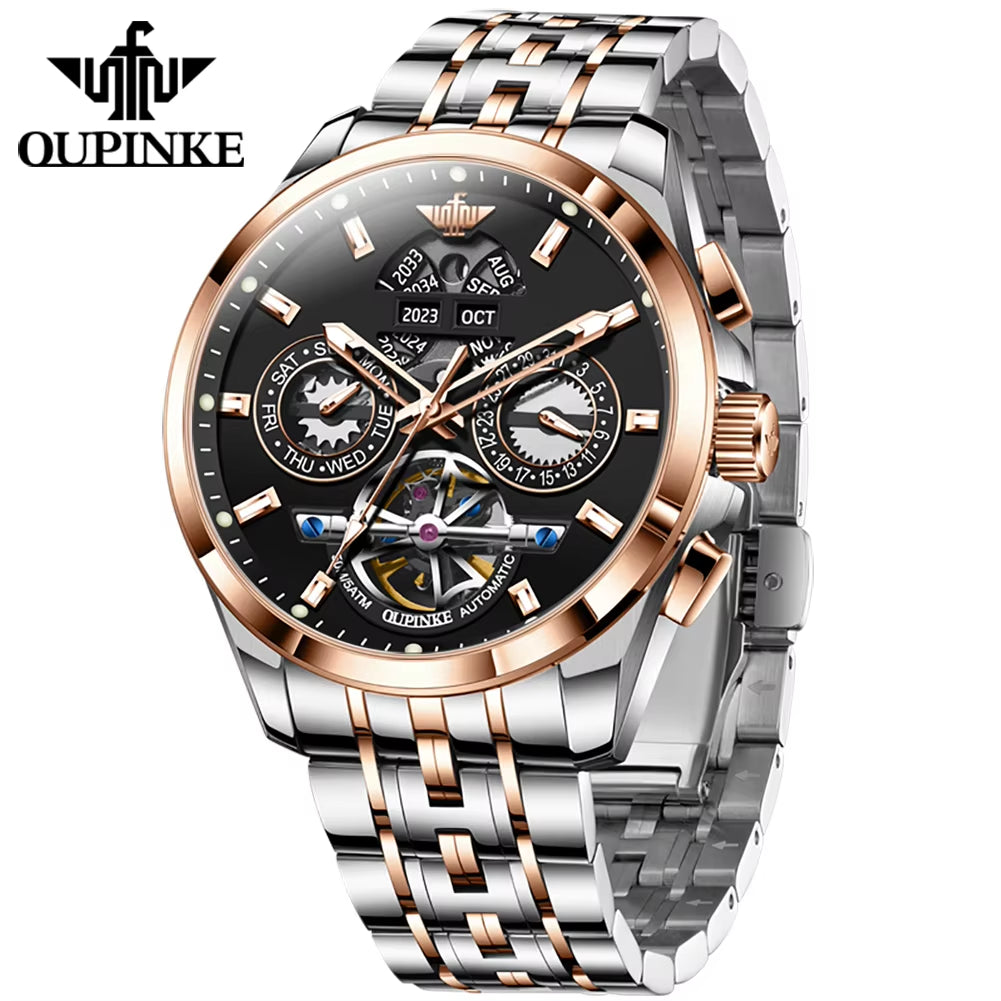 OUPINKE 3251 Custom OEM Logo Waterproof Tungsten Steel Classic Hollowed-Out Skeleton Automatic Mechanical Luxury Watch for Men