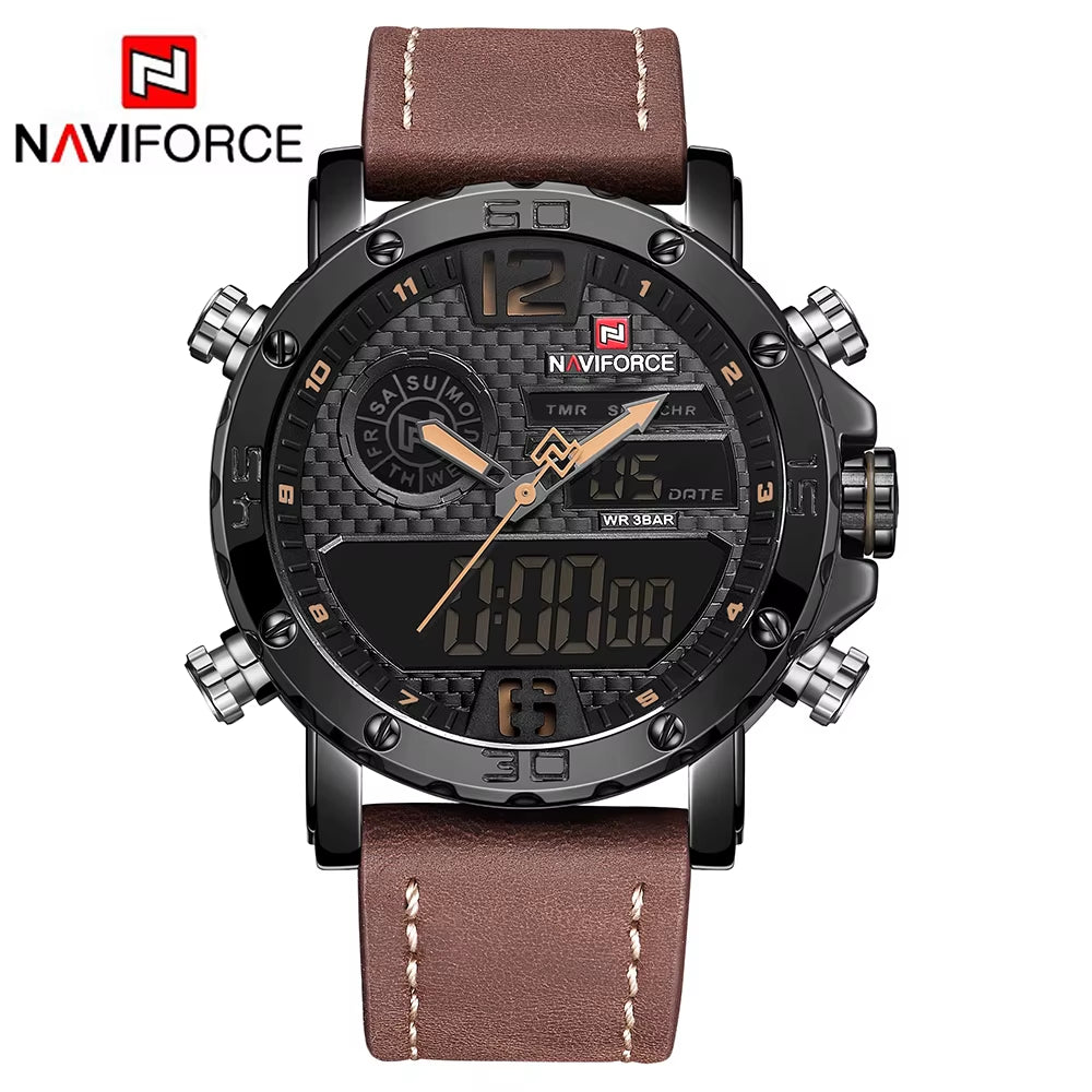 Luxury  9134 Men'S Business Leather Wrist Watch Dual Time Quartz Digital Clock Sports Waterproof Men Led Watch