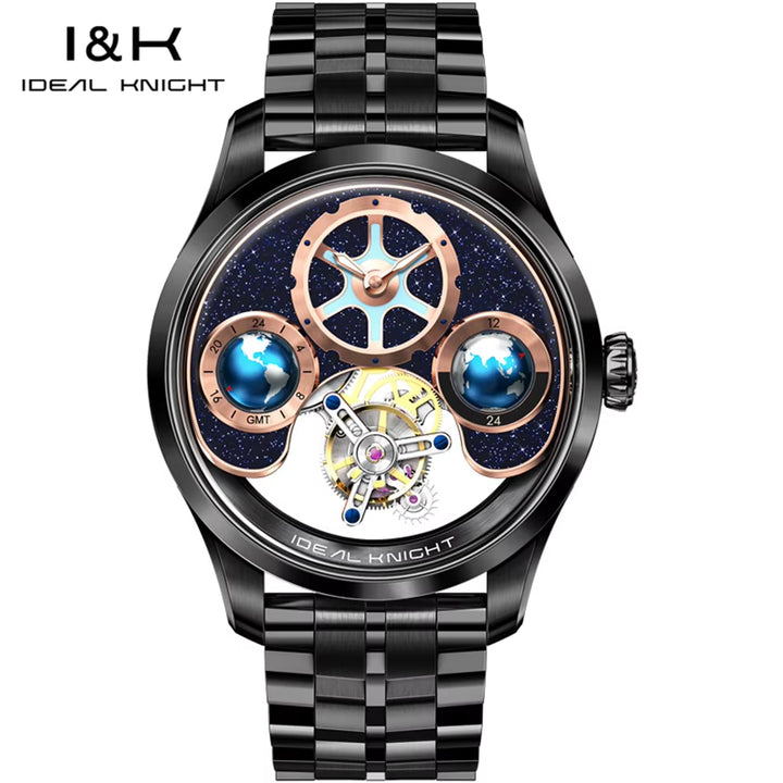 I&K 6808 High End New 316L Stainless Steel Watch GMT Tourbillon Automatic Movement Mechanical Watches for Men Blue Earth Series