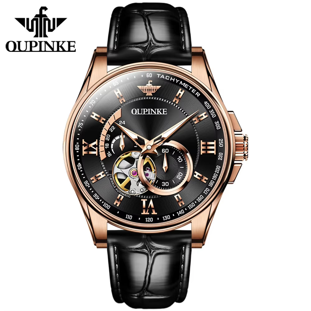 OUPINKE 3222 Premium Men's Luxury Sport Watch with Tourbillon Mechanical Movement and Rose Gold Finish on Leather Strap