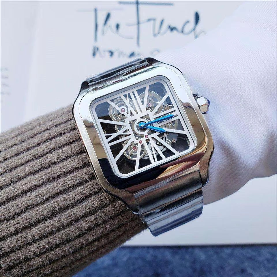 Luxury Men's Customized Skeleton Mechanical Wrist Watch - Solid Steel Square Design with Hollow Out Movement