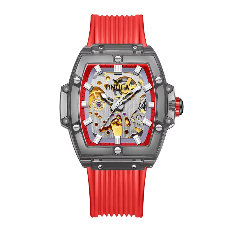 Luxury Men's Automatic Watch - Custom Red Waterproof Mechanical Timepiece