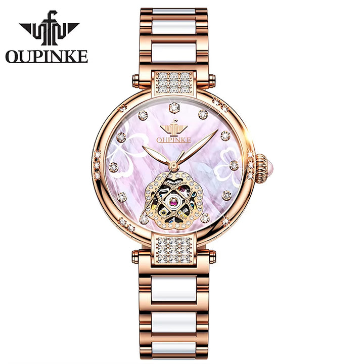 3183 Factory Stainless Steel Production Automatic Mechanical Ceramic Band Analog Girl Watch WOMEN