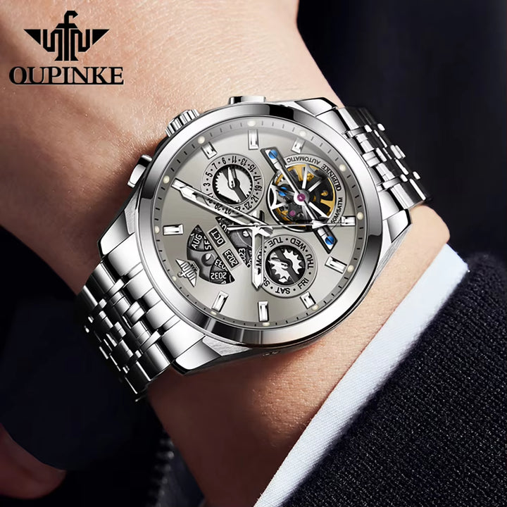 OUPINKE 3251 Custom OEM Logo Waterproof Tungsten Steel Classic Hollowed-Out Skeleton Automatic Mechanical Luxury Watch for Men