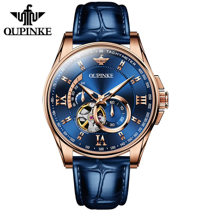 OUPINKE 3222 Premium Men's Luxury Sport Watch with Tourbillon Mechanical Movement and Rose Gold Finish on Leather Strap