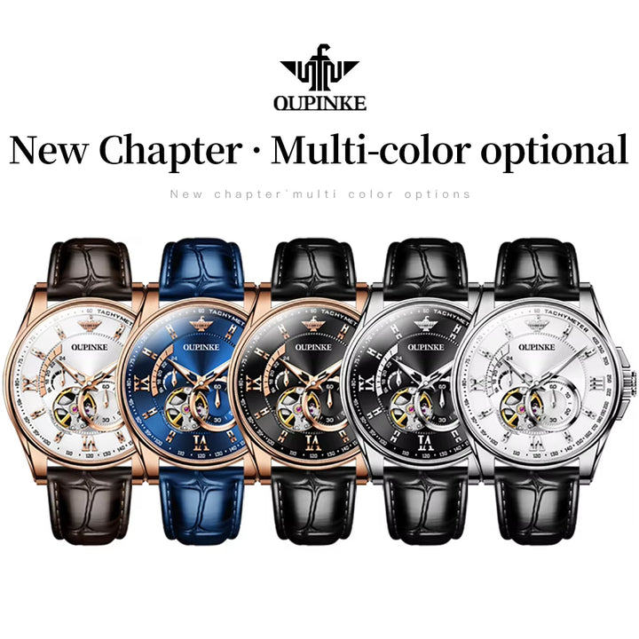 OUPINKE 3222 Premium Men's Luxury Sport Watch with Tourbillon Mechanical Movement and Rose Gold Finish on Leather Strap