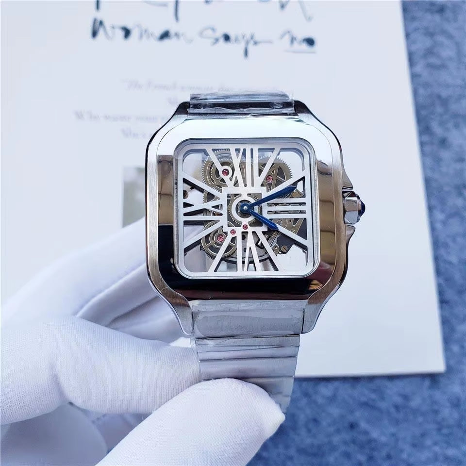 Luxury Men's Customized Skeleton Mechanical Wrist Watch - Solid Steel Square Design with Hollow Out Movement