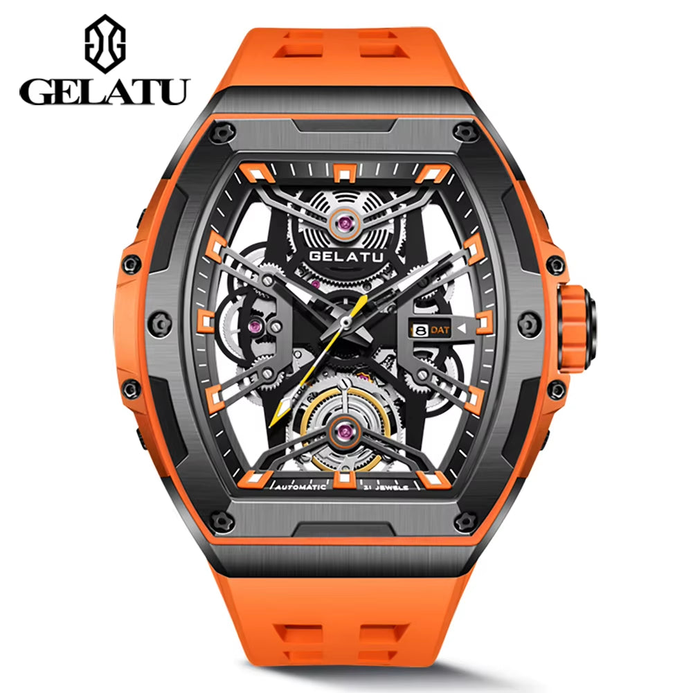 6012 Stock Available Rectangle Fashion Sport Watch 316L Stainless Steel Case Silicone Strap Mechanical Watches Men