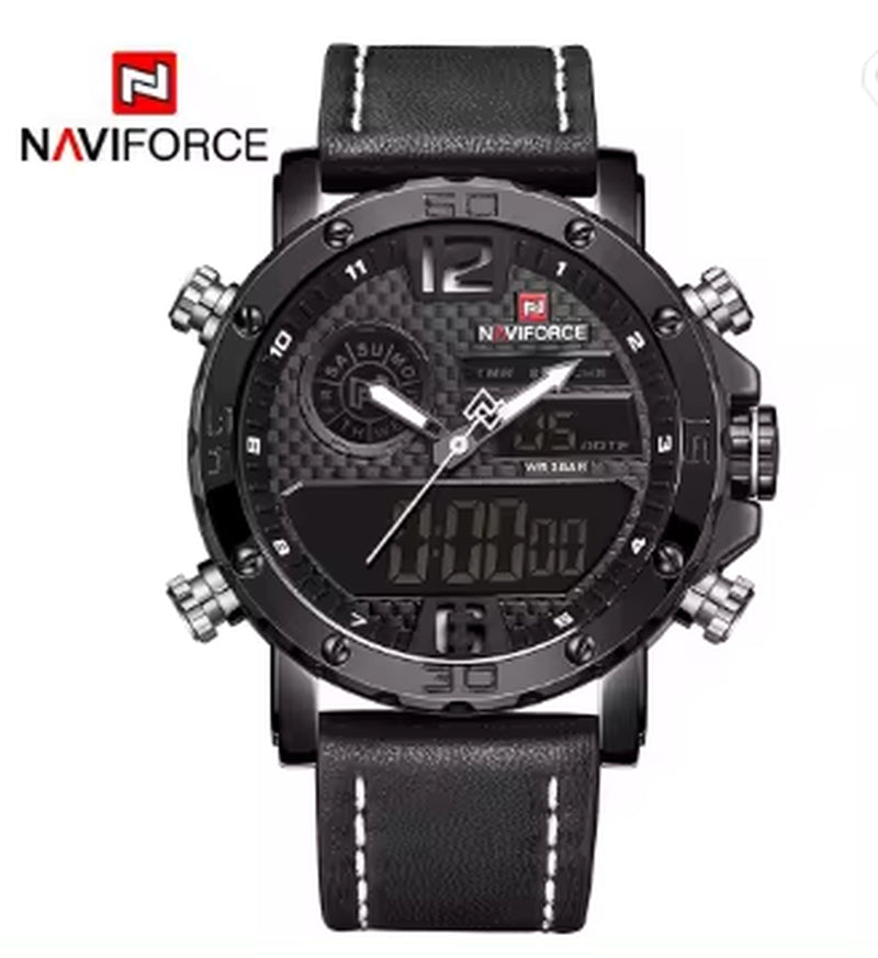 Luxury  9134 Men'S Business Leather Wrist Watch Dual Time Quartz Digital Clock Sports Waterproof Men Led Watch