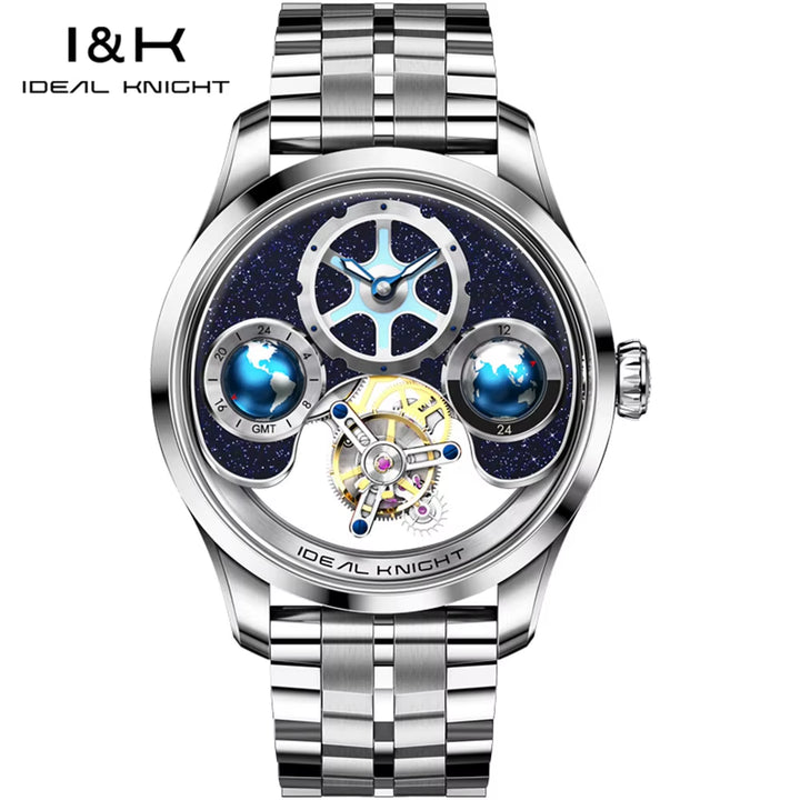 I&K 6808 High End New 316L Stainless Steel Watch GMT Tourbillon Automatic Movement Mechanical Watches for Men Blue Earth Series