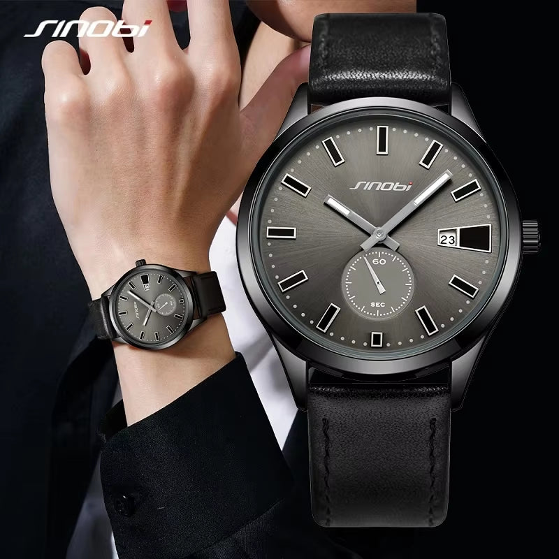 Men's Waterproof Quartz Watch with Calendar Feature - Genuine Leather, Premium Quality, Stylish Design