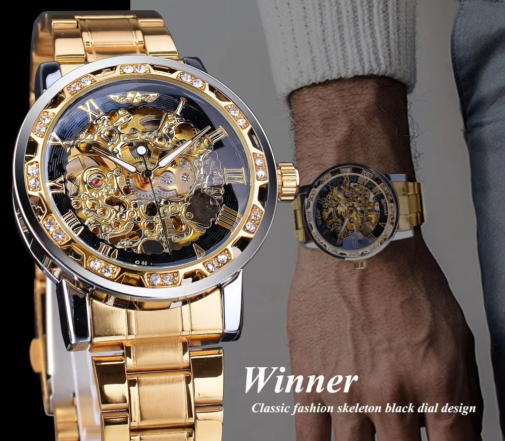 Winner Transparent Luxury Mechanical Skeleton Watch for Men with Diamond Accents and Royal Design