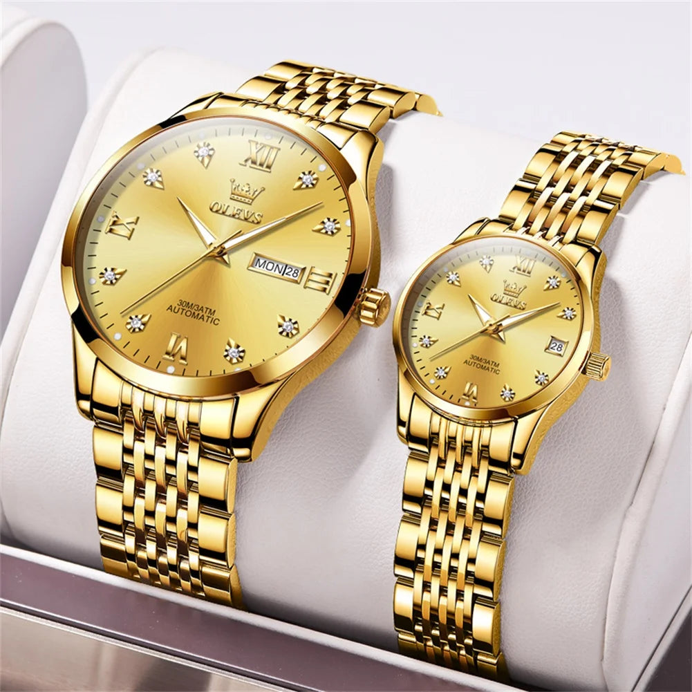 OLEVS 6673 White Lovers Automatic Watch Silver Stainless Steel Bracelet Luminous Calendar Mechanical Wristwatch Women