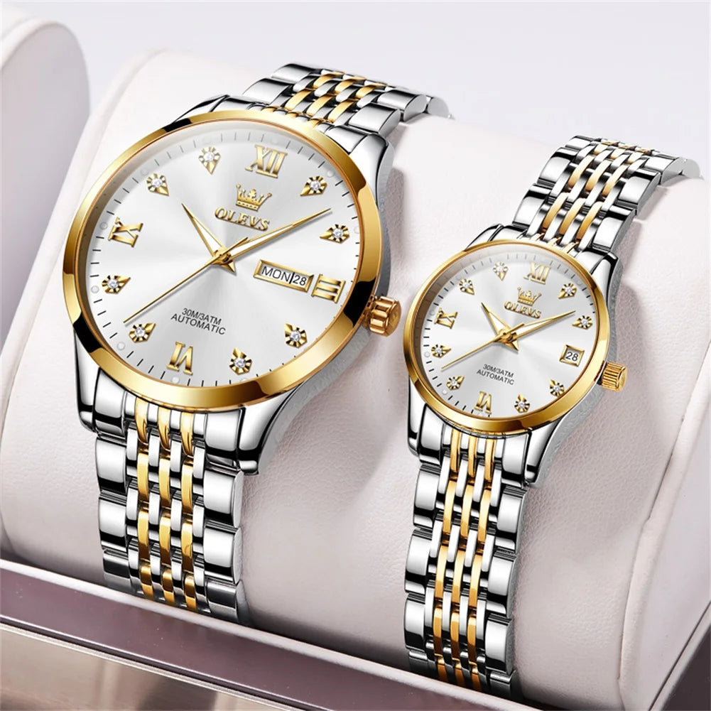 OLEVS 6673 White Lovers Automatic Watch Silver Stainless Steel Bracelet Luminous Calendar Mechanical Wristwatch Women