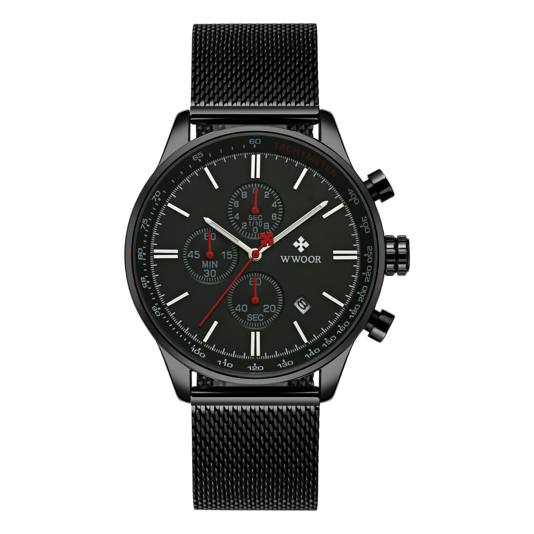 Men's Luxury Waterproof Chronograph Watch with Stainless Steel Mesh Band and Luminous Quartz Movement