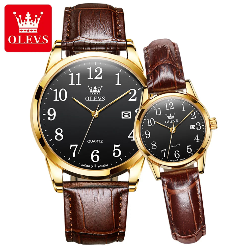 Couple Hand Watch Alloy Material Water Resistant Feature Quartz Wrist Watch Fashion Genuine Leather Clock for Lover