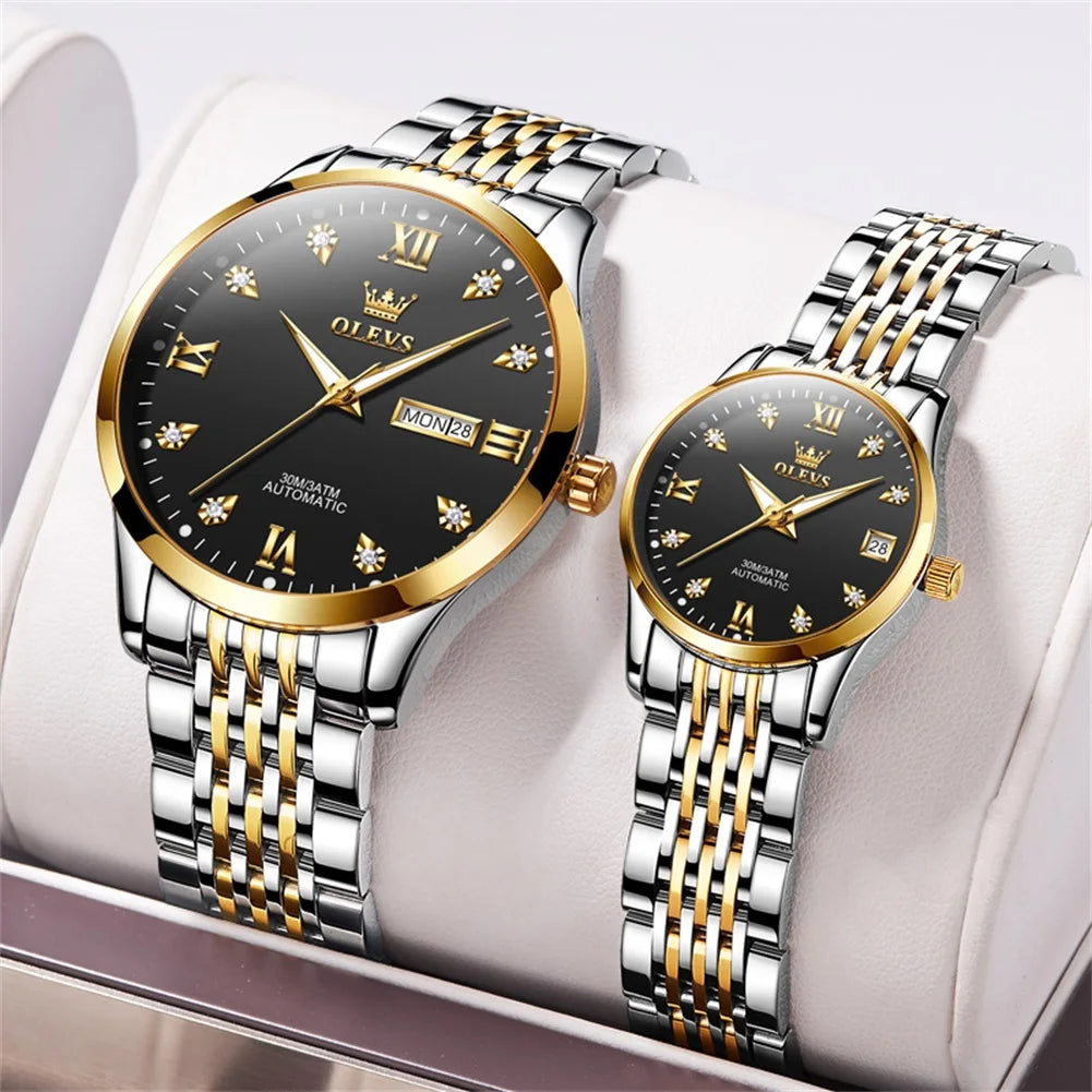 OLEVS 6673 White Lovers Automatic Watch Silver Stainless Steel Bracelet Luminous Calendar Mechanical Wristwatch Women