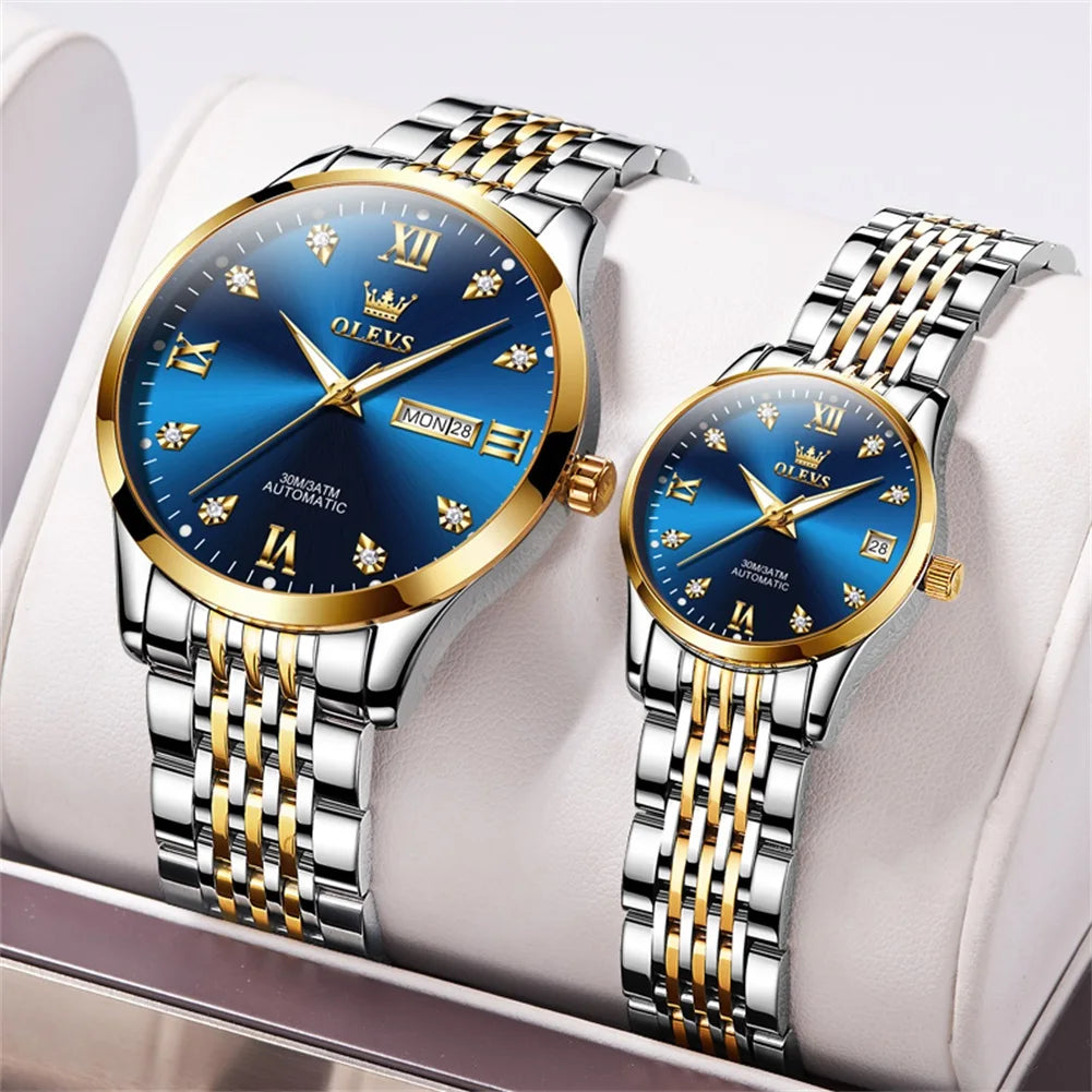 OLEVS 6673 White Lovers Automatic Watch Silver Stainless Steel Bracelet Luminous Calendar Mechanical Wristwatch Women