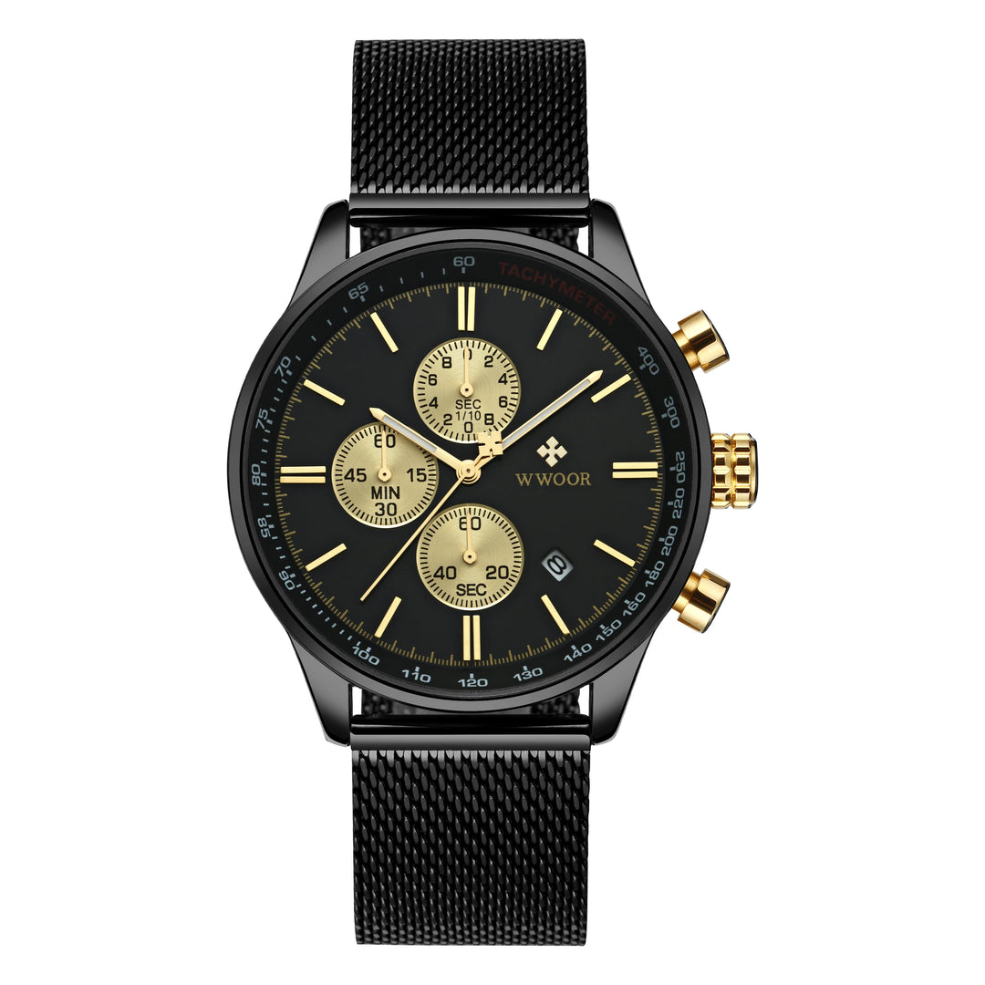 Men's Luxury Waterproof Chronograph Watch with Stainless Steel Mesh Band and Luminous Quartz Movement